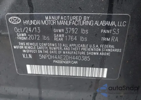 2013 Hyundai Elantra Limited z USA, uszkodzony, nr VIN 5NPDH4AE2DH440385